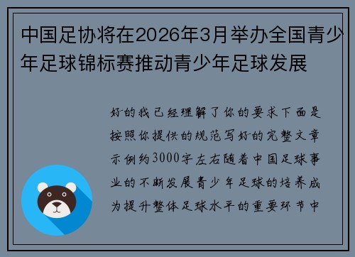 中国足协将在2026年3月举办全国青少年足球锦标赛推动青少年足球发展