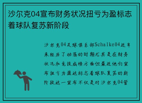 沙尔克04宣布财务状况扭亏为盈标志着球队复苏新阶段
